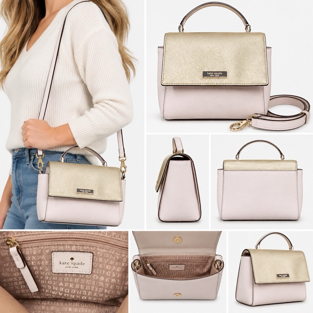 Kate Spade New York Satchel Crossbody Bag Pink Metallic Gold Top Handle Small